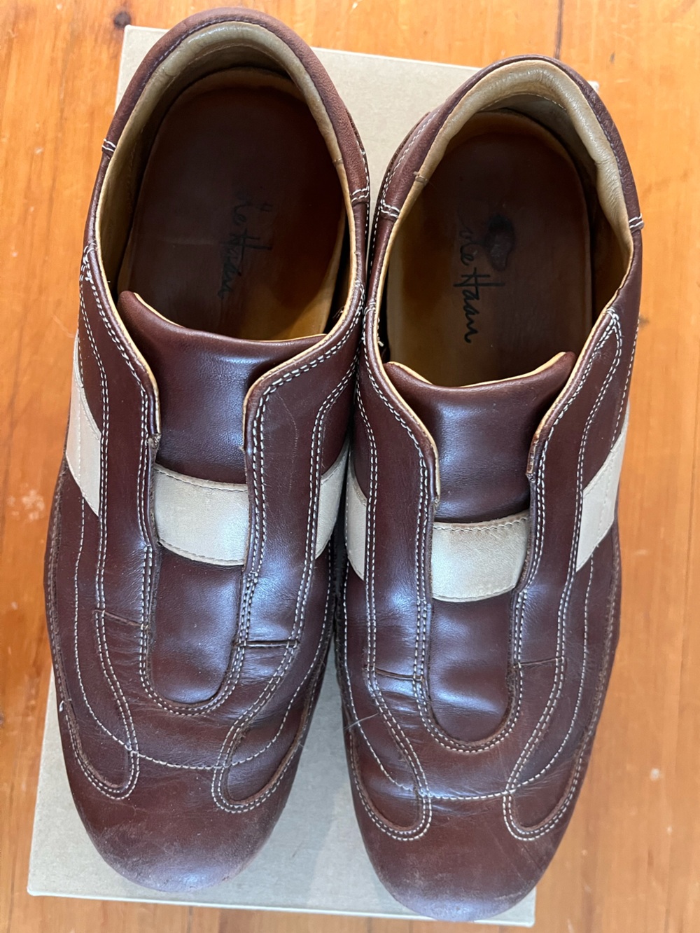 Cole Haan Men’s Brown Leather Nike Air Slip-On Loafers with Cream Accent Stripe